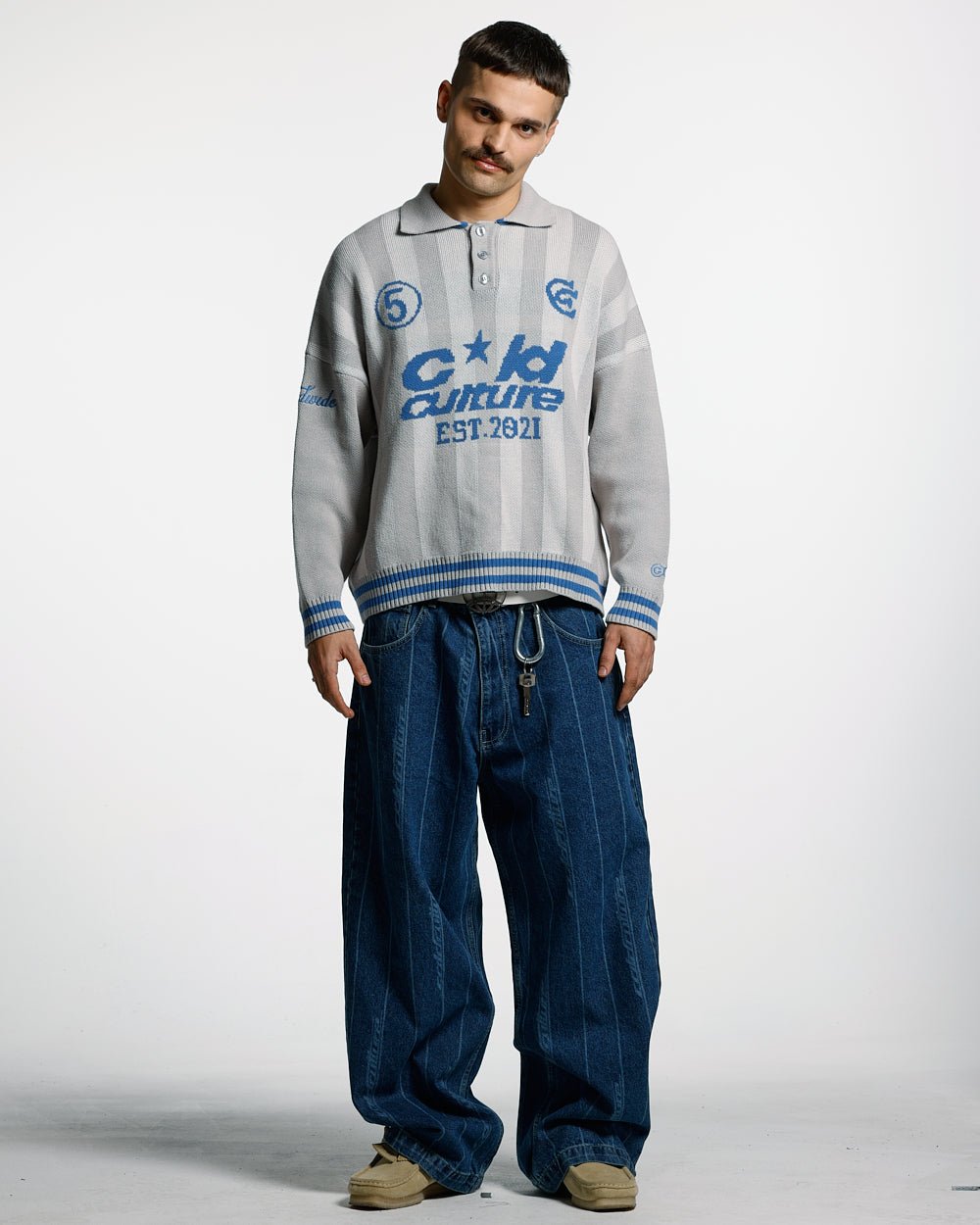 STRUCTURE COLLAR KNIT SWEATSHIRT BEIGE/BLUE