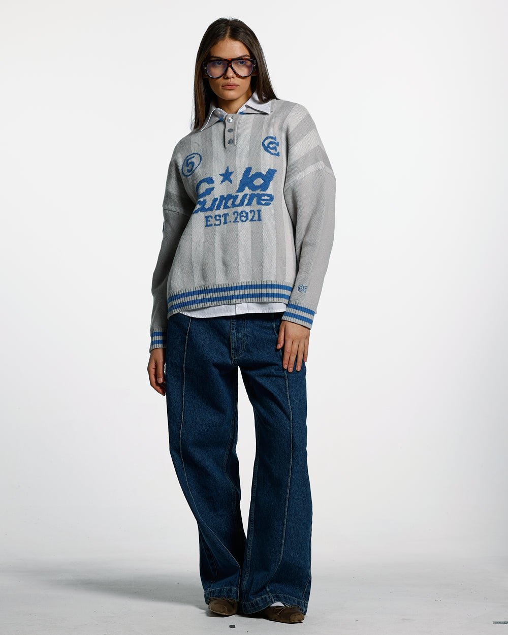STRUCTURE COLLAR KNIT SWEATSHIRT BEIGE/BLUE